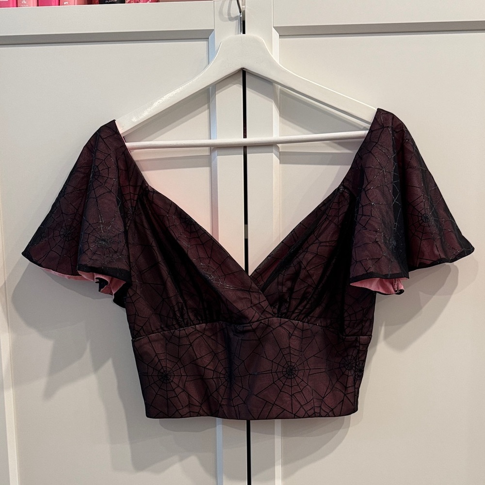 VIXEN by Mitcheline Pitt Black Crop Top with Spider Web Design